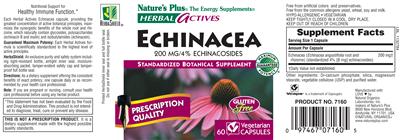 Photo of the Nature's Plus Herbal Actives Echinacea 200 mg label