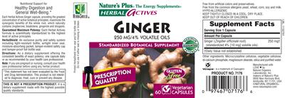 Photo of the Nature's Plus Herbal Actives Ginger 250 mg/4% Volatile Oils label