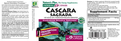 Photo of the Nature's Plus Herbal Actives Cascara Sagrada 100 mg/25-30% Hydroxyanthracene Derivatives label