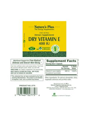 Photo of the Nature's Plus Dry Vitamin E 400 IU label