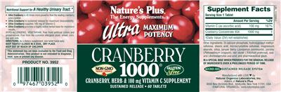 Photo of the Nature's Plus Ultra Maximum Potency Cranberry 1000 label