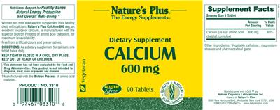 Photo of the Nature's Plus Calcium 600 mg label