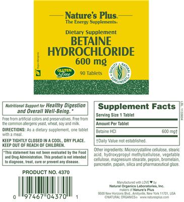 Photo of the Nature's Plus Betaine Hydrochloride 600 mg label
