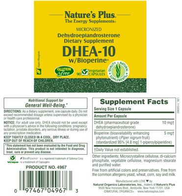 Photo of the Nature's Plus DHEA-10 w/ Bioperine label