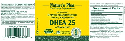 Photo of the Nature's Plus DHEA-25 W/Bioperine label
