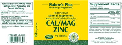 Photo of the Nature's Plus Cal/Mag Zinc label
