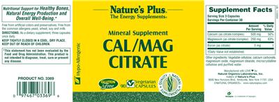 Photo of the Nature's Plus Cal/Mag Citrate label