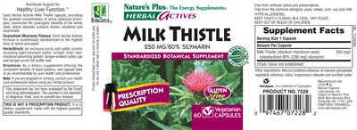 Photo of the Nature's Plus Herbal Actives Milk Thistle 250 mg label