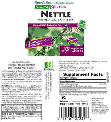 Photo of the Nature's Plus Herbal Actives Nettle 250 mg/1-2% Plant Silica label