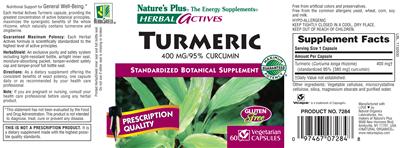 Photo of the Nature's Plus Herbal Actives Turmeric 400 mg/95% Curcumin label