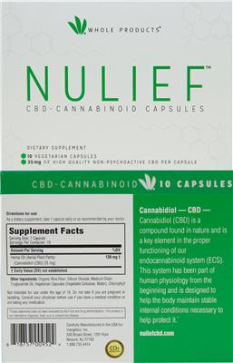 Photo of the Whole Products Nulief CBD Cannabinoid Capsules label