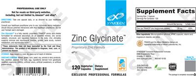 Photo of the XYMOGEN Zinc Glycinate label