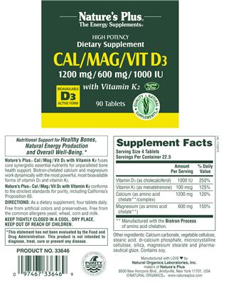 Photo of the Nature's Plus Cal/Mag/Vit D3 with Vitamin K2 label