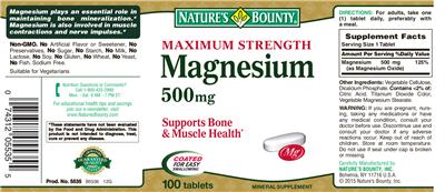 Photo of the Nature's Bounty Maximum Strength Magnesium 500 mg label