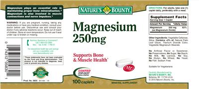 Photo of the Nature's Bounty Magnesium 250 mg label