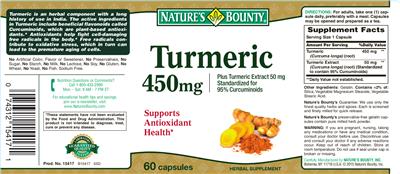 Photo of the Nature's Bounty Turmeric 450 mg label