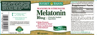 Photo of the Nature's Bounty Maximum Strength Melatonin 10 mg label