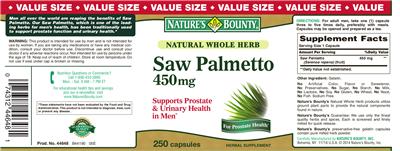 Photo of the Nature's Bounty Saw Palmetto 450 mg label