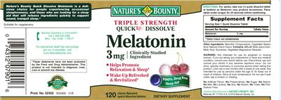 Photo of the Nature's Bounty Quick Dissolve Melatonin 3 mg Cherry Flavor label