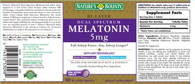Photo of the Nature's Bounty Dual Spectrum Melatonin 5 mg label