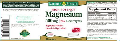 Photo of the Nature's Bounty High Potency Magnesium 500 mg Plus Electrolytes label