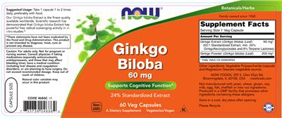 Photo of the NOW Ginkgo Biloba 60 mg label