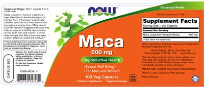 Photo of the NOW Maca 500 mg label