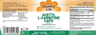 Photo of the Country Life Acetyl L-Carnitine Caps 500 mg label