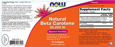 Photo of the NOW Natural Beta Carotene 25,000 IU label