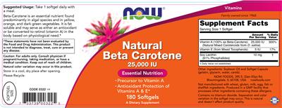 Photo of the NOW Natural Beta Carotene 25,000 IU label