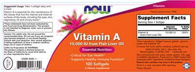 Photo of the NOW Vitamin A 10,000 IU From Fish Liver Oil label