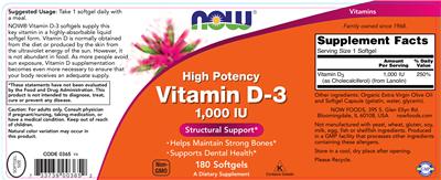 Photo of the NOW High Potency Vitamin D-3 1,000 IU label