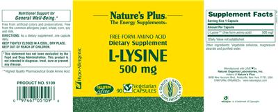 Photo of the Nature's Plus Free Form Amino Acid L-Lysine 500 mg label