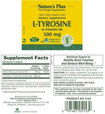 Photo of the Nature's Plus Free Form Amino Acid L-Tyrosine w/Vitamin B6 500 mg label