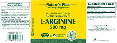Photo of the Nature's Plus Free Form Amino Acid L-Arginine 500 mg label
