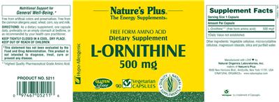 Photo of the Nature's Plus Free Form Amino Acid L-Ornithine 500 mg label