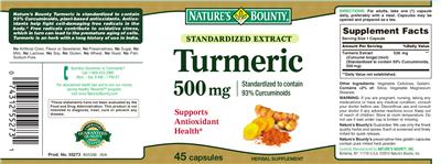 Photo of the Nature's Bounty Turmeric 500 mg label