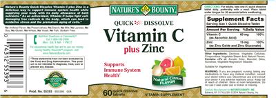 Photo of the Nature's Bounty Quick Dissolve Vitamin C Plus Zinc Natural Citrus Flavor label