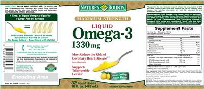 Photo of the Nature's Bounty Liquid Omega-3 1330 mg Lemon Flavor label