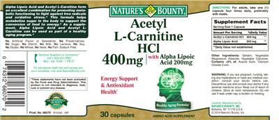 Photo of the Nature's Bounty Acetyl L-Carnitine HCl 400 mg With Alpha Lipoic Acid 200 mg label
