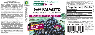 Photo of the Nature's Plus Herbal Actives Saw Palmetto 200 MG/95% Free Fatty Acids label