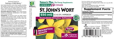Photo of the Nature's Plus Herbal Actives St. John's Wort 250 MG 0.3-0.5% Hypericin label