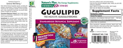 Photo of the Nature's Plus Herbal Actives Gugulipid 750 mg label