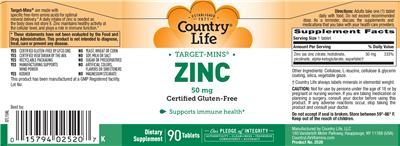 Photo of the Country Life Zinc 50 mg label