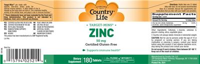 Photo of the Country Life Zinc 50 mg label