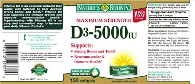 Photo of the Nature's Bounty Maximum Strength D3-5000 IU label