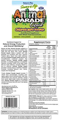 Photo of the Nature's Plus Source of Life Animal Parade Liquid Children's Multi-Vitamin Natural Tropical Berry Flavor label