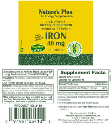 Photo of the Nature's Plus Iron 40 mg label