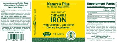 Photo of the Nature's Plus High Potency Chewable Iron Cherry Flavor label