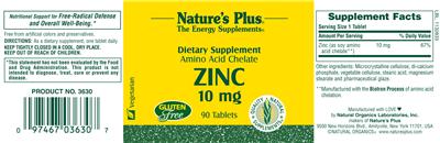 Photo of the Nature's Plus Zinc 10 mg label